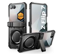 SUPCASE Cover per Samsung Galaxy Z Flip 7 con Supporto e Pellicola in Vetro Temperato [Compatibile con MagSafe] [Protezione Cerniera] Custodia Semi-Trasparente con Retro (Trasparente-Nero)