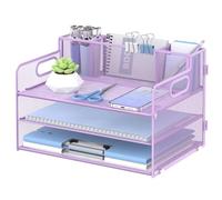 SUPEASY Organizer da scrivania a 3 ripiani con manico e 3 portapenne, organizer per carta/file in rete, organizer per scrivania, vassoio per lettere per forniture per ufficio (viola chiaro)