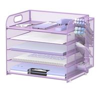 SUPEASY Organizer da scrivania a 5 ripiani con manico e portapenne rimovibili, organizer per carta/file in rete, organizer per scrivania, vassoio per lettere per forniture per ufficio (viola)