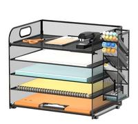 SUPEASY Organizer da scrivania a 5 ripiani con manico e portapenne rimovibili, organizer per carta/file in rete, organizer per scrivania, vassoio per lettere per forniture per ufficio (nero)