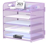 SUPEASY Organizer da scrivania a 5 ripiani con manico, organizer per carta/file in rete, organizer per scrivania, vassoio organizer per forniture per ufficio, viola chiaro