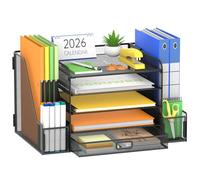 SUPEASY Organizer da scrivania in rete con portadocumenti, a 5 ripiani, con portariviste, organizer da scrivania con sezioni verticali, per forniture per ufficio, casa o scuola (nero)