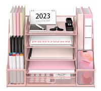 SUPEASY Organizer da scrivania in rete con portadocumenti, organizer per lettere a 5 ripiani con portariviste, organizer da scrivania e portaoggetti con cassetto, per forniture per ufficio, casa o