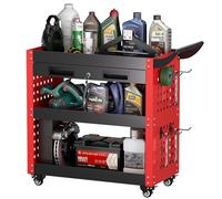 SUPEER Carrello da officina, carrello di montaggio, 78 x 35 x 70 cm, con cassetto richiudibile e Pegboard, 4 ganci, officine, magazzino, portata 150 kg (rosso)