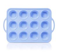 SUPER KITCHEN Grande Stampo Muffin Silicone con Struttura Metallica, Teglia per Muffin da 12 Tazze con Maniglie, Antiaderente Stampo Cupcake Silicone, Profonda Stampi per Muffins da Forno, Blu