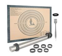 SUPER KITCHEN Mattarello in Acciaio Inox Con 5 Dischi Regolabili Anello | Stuoia di Rolling della Pasticceria del Silicone 50x40cm Antiaderente Tappetino da Forno spianatoia per impastare (Grigio)