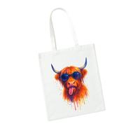 Super Lemon Borsa di tela bianca di disegno dell'acquerello della mucca delle Highland, borsa della spesa riutilizzabile con stampa di occhiali da sole, motivo artistico animale