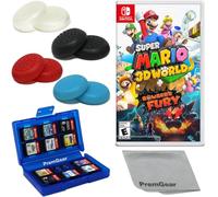 Super Mario 3D World + Bowser's Fury per Nintendo Switch, con impugnature per pollice PremGear (confezione da 8 - nero, blu, rosso e trasparente), porta carte da gioco a 24 slot e panno di pulizia