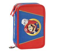 SUPER MARIO - Astuccio Scuola Ufficiale Super Mario, Astuccio 3 Scomparti con Set Cancelleria, Penna Cancellabile Blu e Rossa, 5 Etichette Adesive Portanome, Pratica Chiusura a Zip, 20x13hx7 cm