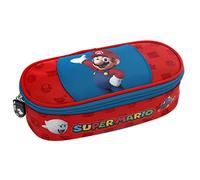 SUPER MARIO - Astuccio Scuola Ufficiale Super Mario, Astuccio Bambino Ovale con Tasca Interna, Divisorio con Passanti Elastici e Pratica Chiusura a Zip, 22x7Hx9,5 cm, Rosso e Blu