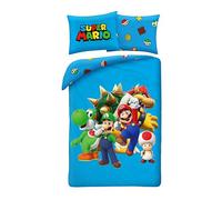 Super Mario - Biancheria da letto 140 x 200 cm + 65 x 65 cm, Mario, Luigi, Toad, Peach, Wario & Yoshi, copripiumino e federa, blu