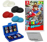 Super Mario Odyssey per Nintendo Switch (versione USA), con impugnature per pollice PremGear (confezione da 8 - nero, blu, rosso e trasparente), porta carte da gioco a 24 slot e panno per la pulizia