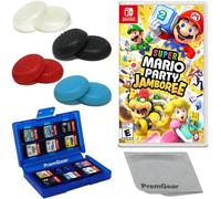 Super Mario Party Jamboree per Nintendo Switch (versione USA), con impugnature per pollice PremGear (confezione da 8 - nero, blu, rosso e trasparente), porta carte da gioco a 24 slot e panno di