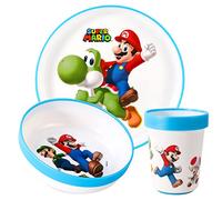 Super Mario - Set da tavola per bambini, 3 pezzi, riutilizzabile, bicolore, con piatto, ciotola e bicchiere, senza BPA