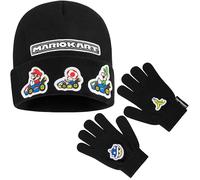 Super Mario Set Invernale Bambino, 2 Pz Berretto e Guanti o 3 Pz Set Guanti Cappello e Sciarpa Bambini, 6-14 Anni, Regalo Ragazzo (6-14 Anni, Nero 2 Pezzi)