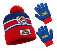 Super Mario Set Invernale Bambino, 2 Pz Berretto e Guanti o 3 Pz Set Guanti Cappello e Sciarpa Bambini, 6-14 Anni, Regalo Ragazzo (6-14 Anni, Rosso/Blu, 2 Pezzi)
