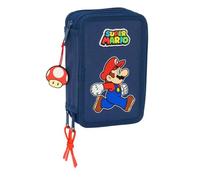 SUPER MARIO TRICK - Astuccio scuola con 37 utili inclusi, astuccio per bambini, ideale per bambini dai 5 ai 14 anni, comodo e versatile, qualità e resistenza, 12,5 x 5,5 x 19,5 cm, blu scuro/rosso, M,