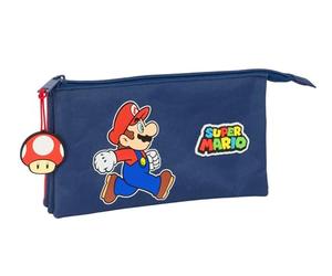 SUPER MARIO TRICK - Astuccio triplo, astuccio per bambini, ideale per bambini in età scolastica, comodo e versatile, qualità e resistenza, 22 x 3 x 12 cm, blu scuro/rosso, M, Casual