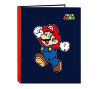 SUPER MARIO WORLD - Cartella con fogli 4 anelli, ideale per bambini di diverse età, comoda e versatile, qualità e resistenza, 26,5 x 33 cm, colore blu navy, Blu navy, Estándar, Casual