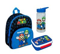 Super Mario - Zaino da asilo con scatola per spuntini e zucca, personalizzabile con nome, set zaino per bambini con scatola sandwich e bicchiere blu re - Lotto 2 - Super Mario blu King