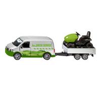 Siku 2005 VW T6 con trattorino da giardino, 1:50, porte apribili, rimorchio ribaltabile, pneumatici in gomma, carrozzeria in metallo, colore verde-argento, set di giocattoli per il giardinaggio
