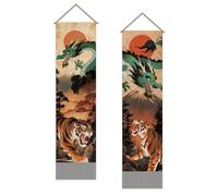 SUPERDANT 2 pz. Arazzo Da Parete con Drago e Tigre Arazzi Murali con Sole di Montagna Confezione Da Tappeto Samurai Spirit Arazzo Lungo Da Parete con Motivo A Nappa per casa Soggiorno 130x33cm