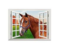 SUPERDANT Colorato Fattoria Cavallo Sticker per Pareti 3D Finestra Vista Adesivo da Parete Finestra Vista Adesivi Murali Bambino Cavallo Soleggiato Fattoria Campo Animali Natura Fotografia Arte della