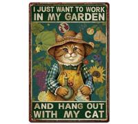 SUPERDANT Segno di Latta con Gatto Rustico Cartello in Metallo Decorazione Da Parete Targhe Artistica Retrò Voglio Solo Lavorare Nel Mio Giardino e Uscire con Il Mio Gatto Personalizzate 30x20cm