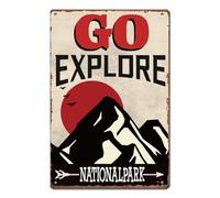 SUPERDANT Segno di Latta Vai Esplora Cartello in Metallo Sole Rosso Targhe in Metallo Alba Sulle Cime e Montagne Targhe In Metallo Poster Da Parete Man Cave per Camera Soggiorno Giardino Decorazione