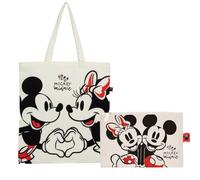 Superdiver Set Borsa Shopping e Pochette Topolino e topolina - Licenza Ufficiale Disney Mickey e Minnie Mouse - Cotone e Poliestere - Ideale per Uso Quotidiano o Regalo - 37x41 cm e 22,5x16 cm