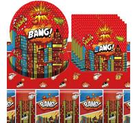 Supereroi Stoviglie per Feste di Compleanno Decorazioni,Set da tavola per feste di supereroi, City Hero di stoviglie,decorazione per feste di compleanno, per 10 persone (Rosso-1)