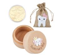 SUPERFINDINGS 1 set di scatola in legno con moneta ricompensa fatata e sacchetti di lino rosa per la raccolta dei ricordi dei denti perduti per i primi denti persi regali fatati