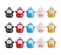 SUPERFINDINGS 15 ciondoli a forma di gatto portafortuna in 5 colori, con campanella, Maneki, Neko, Fengshui, fortuna, gattino, ciondoli in ottone smaltato, decorazione fai da te, casa, auto, zaino