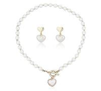 SUPERFINDINGS 2Pcs Pearl Heart Pendant Necklace 45CM ABS Plastic Pearl with Beaded Chains Double Heart Dangle Earrings Gold Love Drop Earrings Wedding Bride Jewelry for Womens