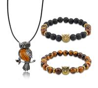SUPERFINDINGS 3 pezzo Set di Gioielli con Gufo, Collana di Cristallo di Ossidiana Spirituale, Reiki, Elastici, per Yoga, Bracciali Elasticizzati, Energia Curativa, Bracciali Rotondi con Perline