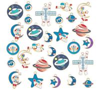 SUPERFINDINGS 48Pcs 12 ciondoli Smaltati A Tema Spaziale in Lega Charms Astronauta Pianeta Stella Luna con Foro da 1.6-2 mm per La Creazione di Gioielli Fai-da-Te