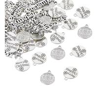 SUPERFINDINGS 60Pz 2 Stili Argento Charms con Parole di Buon Natale Ciondoli in Lega Ciondoli Rotondi Piatti con Accessori a Fiocco di Neve Ciondoli a Tema Natalizio per la creazione di Gioielli