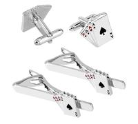 SUPERFINDINGS Set di 4 gemelli e fermacravatta a forma di carte da poker, divertenti in lega smaltata, per camicia formale, accessori per feste aziendali, 17.5-19mm, Metallo, Senza pietra