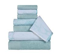 Superior Set di asciugamani in cotone, assorbenti, ad asciugatura rapida, 8 pezzi, decorazione per il bagno, motivo marmo, tinta unita, include 2 asciugamani da bagno, 2 viso e 4 asciugamani, ciano