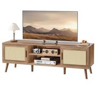 SUPERJARE Supporto TV Boho per TV da 65 pollici, centro intrattenimento con ripiano regolabile, console TV in rattan con 2 armadi, console multimediale, piedini in legno massello, 4 fori per cavi, per