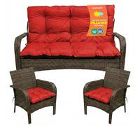 SuperKissen24. Cuscino Lungo per Panchina da Giardino 120x50 cm con Schienale 120x60 cm per Panca da Esterno ed Interno e Due Cuscini per la Sedia da Gardino 45x45 cm - Rosso