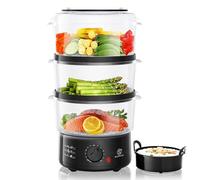 SUPERLEX Steamer elettrico 550 W, pentola a 3 ripiani, fornello a vapore con ciotola di riso, timer da 60 minuti, capacità totale 7,5 l, coperchio trasparente compatto per verdure, pesce, riso carne