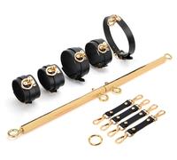 SuperLove Deluxe Metal Spreader Bar with Leather Cuffs, Collar & Hogtie Gold-Black