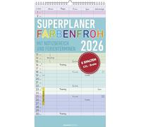 Superplaner Farbenfroh 2026 - 5 Spalten - Familienkalender 26x45 cm - Offset-Papier - mit Ferienterminen - Wandkalender - Wandplaner