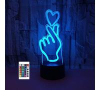 SUPERRUIDALONG Luce notturna 3D con telecomando a forma di cuore e mano, 16 colori, illusione di luce LED in acrilico