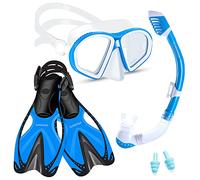 Supertrip Set da snorkeling per bambini, 3 pezzi, set da nuoto, set da immersione, occhiali subacquei con vetro temperato, boccaglio asciutto, pinne regolabili per bambini