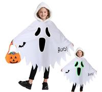 Superum Costume da fantasma per bambini con mantello luminoso, costume di Halloween per bambini con mantello bianco con cappuccio e borsa a forma di zucca,Halloween, carnevale e cosplay,3-7 anni