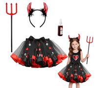 Superum Set di 4 costumi da diavoletto per bambini, costume di Halloween da bambina con gonna tutù da diavoletta con corna da diavoletta, cerchietto e sangue finto, rosso per Halloween, per carnevale