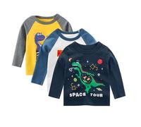 SUPFANS Bambino Ragazzi 3 Pack Camicie Manica Lunga 100% Cotone Dinosauro Escavatore Polizia Auto T-Shirt, Set C., 5 Anni