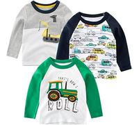 SUPFANS Confezione da 3 magliette a maniche lunghe per bambini e ragazzi, 100% cotone, motivo: dinosauro, escavatore, auto della polizia, Indossa una, 5 anni